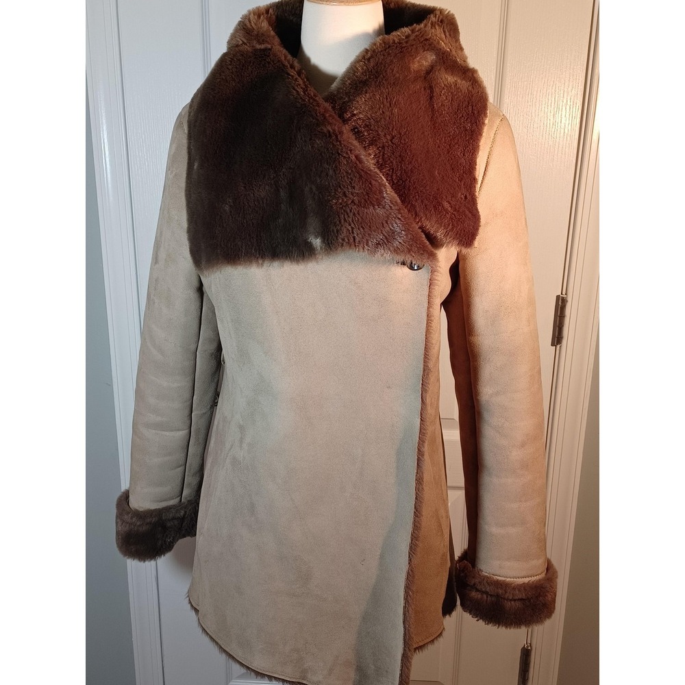 Jennifer Lopez Coat Womens Large Brown Suede Faux Fur Lined Snap Front Overcoat